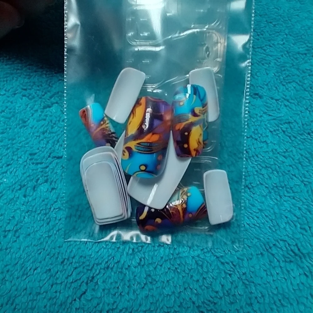 Press on nails abstract blue purple black orange yellow colorful set